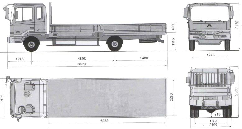 Габаритные размеры шасси HYUNDAI HD120 EXTRA LONG